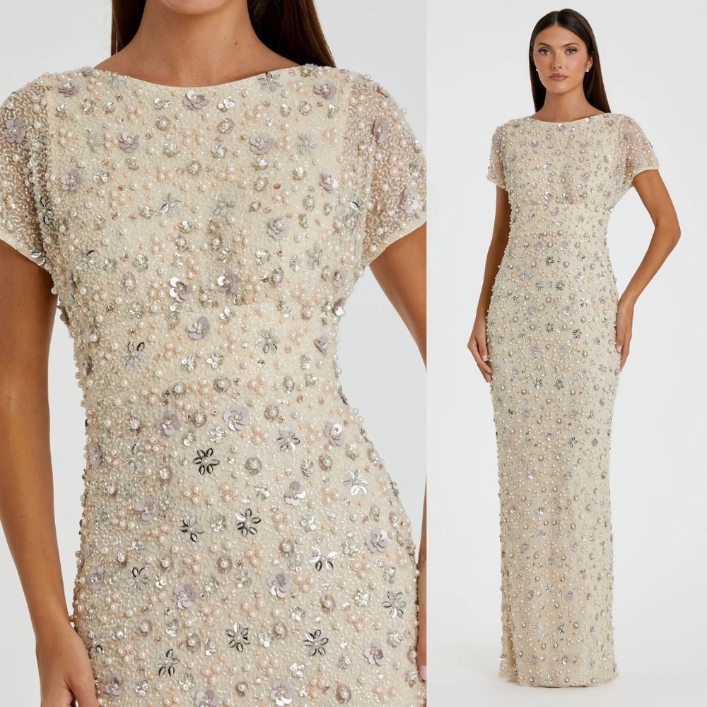 NWT Mac Duggal Ivory Floral Embellished Mesh Fitted Column Gown $798 - Size 16‎